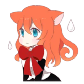 😰 고양이 소녀, 애니메이션, 귀여운, 카와이, 주황색 머리, 빨간 리본, 부끄러워하는 telegram sticker