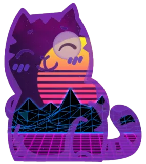 😊 кот, ретро, закат, горы, сетка, вейпорвейв, синтвейв, наклейка whatsapp sticker