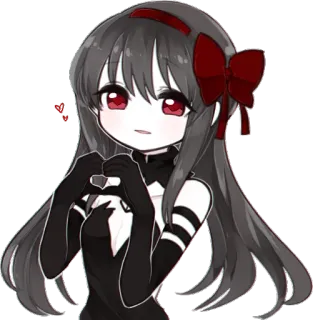 ❤ garota anime, chibi, olhos vermelhos, cabelo preto, laço, desenho animado telegram sticker