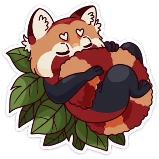 😴 레서판다, 귀여운, 동물, 나뭇잎, 하트 눈 telegram sticker