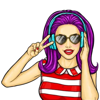 ✌ femme, écouteurs, signe de paix, dessin animé, pop art, fille, lunettes de soleil telegram sticker
