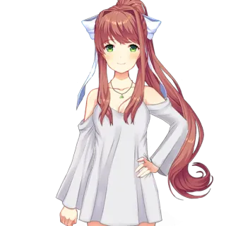🙃 Monika Doki Doki Literature Club anime girl, video game character, brunette, smiling, white dress telegram sticker