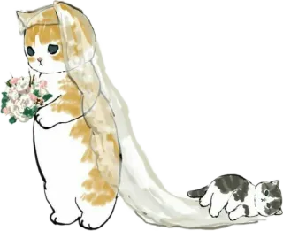 😔 cat, wedding, bride, kitten, cute, animal, cartoon telegram sticker