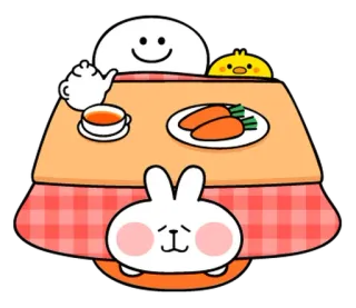 🐯 Cartone animato, Carino, Coniglio, Pollo, Tavolo, Tè, Carote telegram sticker