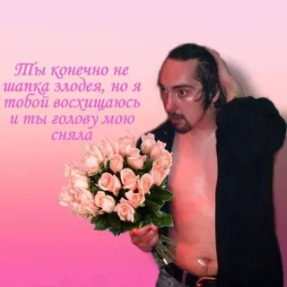 💐 Ты конечно не
шапка злодея, но я
тобой восхищаюсь
и ты голову мою
сняла đàn ông, hoa hồng, bó hoa, lãng mạn, tình yêu telegram sticker