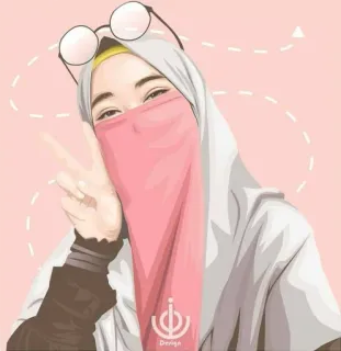 😍 女性, ヒジャブ, 眼鏡, ピンク, ピースサイン, 漫画 telegram sticker