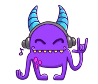 🎶 Monster, Cartoon, Hörner, Kopfhörer, Lila, Rock, Rock and Roll whatsapp sticker
