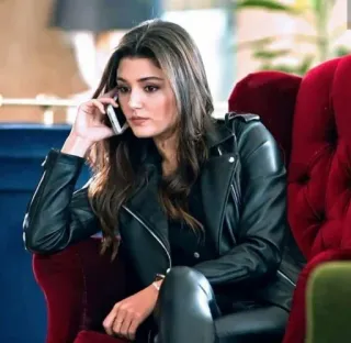 📱 woman, leather jacket, phone, sitting, portrait telegram sticker
