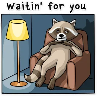 ⌛ Waitin' for you szop pracz, czekanie, słodki, zwierzę, kreskówka, krzesło, lampa telegram sticker