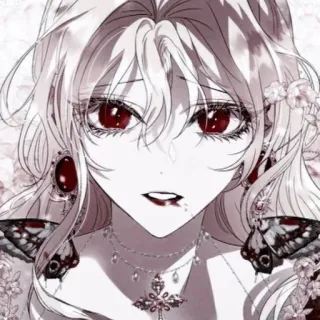 ⛩ anime, dziewczyna, czerwone oczy, białe włosy, motyl, naszyjnik telegram sticker