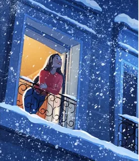 🌨 눈, 겨울, 건물, 소녀, 창문 telegram sticker