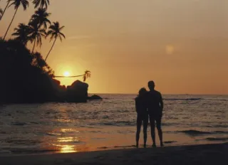😍 beach, sunset, palm trees, ocean, couple, silhouette telegram sticker