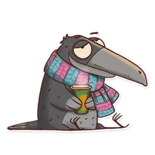 🥴 อีกา, นก, การ์ตูน, ผ้าพันคอ, ถ้วย, เครื่องดื่ม telegram sticker