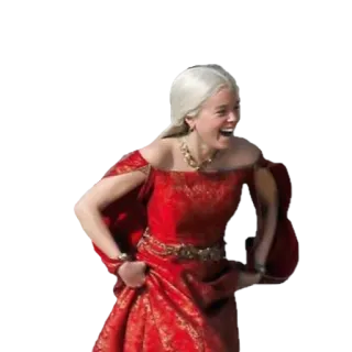 🤣 Rhaenyra Targaryen House of the Dragon Rhaenyra Targaryen, House of the Dragon, lächelnd, rotes Kleid, blonde Haare, weiblich whatsapp sticker