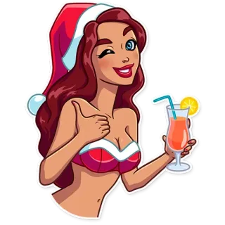 👍 natale, donna, cappello da babbo natale, cocktail, pollice in su whatsapp sticker