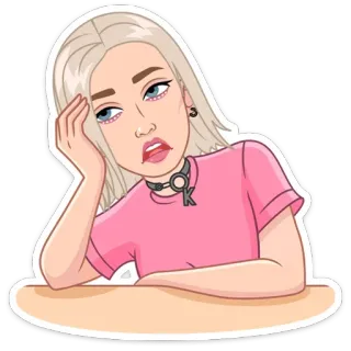☹ entediado/a, mulher, menina, desenho animado, rosa, expressão, adesivo whatsapp sticker