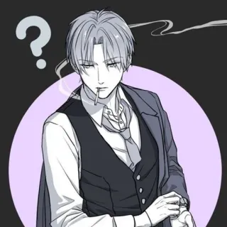 🚬 Аниме, Мужчина, Сигарета, Курение, Вопросительный знак, Седые волосы, Костюм telegram sticker