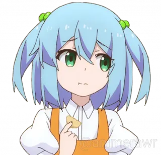 😞 @animerawr anime, cute, girl, sticker, character, eating, light blue hair telegram sticker