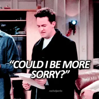 🙌 Chandler Bing Friends "COULD I BE MORE SORRY?" chandler, friends, série tv, désolé, matthew perry, comédie, sitcom telegram sticker