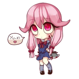 🔪 Yu-ki anime, girl, chibi, axe, blood, pink hair whatsapp sticker