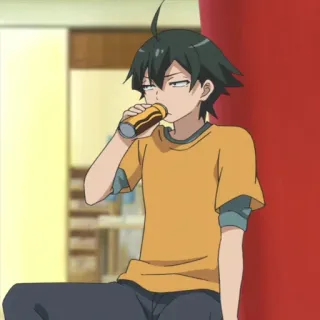 🕸 Hachiman Hikigaya My Teen Romantic Comedy SNAFU Anime, Masculino, Bebida, Camiseta laranja telegram sticker