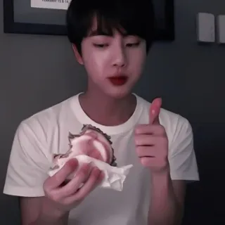 🌟 Jin Pollice in su, Mangiare, Persona, Celebrità, Cibo, Uomo telegram sticker