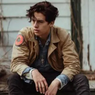 🍁 homem, sentado, ar livre, jaqueta, patch militar, Cole Sprouse telegram sticker