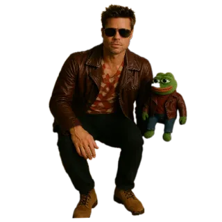 😎 Brad Pitt, Pepe, o Sapo, Jaqueta de couro, Óculos de sol, Boneca, Meme telegram sticker