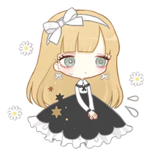 😥 贴纸, 娃娃, 卡通, 可爱, 卡哇伊, Q版, 金发, 丝带 telegram sticker