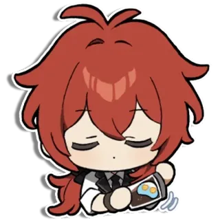😌 Diluc Genshin Impact anime, game, rambut merah, chibi, imut whatsapp sticker