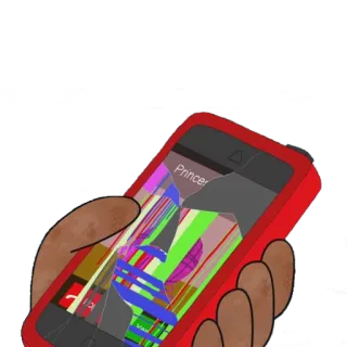 📱 Prince ponsel rusak, layar retak, tangan memegang ponsel, seni digital whatsapp sticker