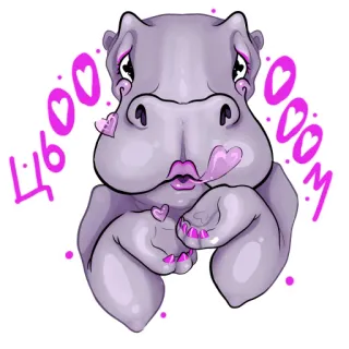 😘 Цьооооом hipopótamo, desenho animado, corações, fofo, animal, roxo whatsapp sticker