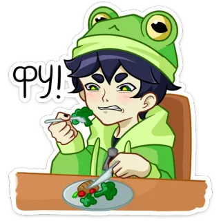😨 ФУ! 厌恶, 食物, 西兰花, 吃, 青蛙帽子 whatsapp sticker