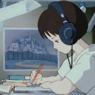 🖤 Anime, Studio, Ragazza, Cuffie, Scrittura, Studente telegram sticker