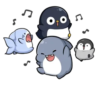🤩 penguin, shark, cartoon, cute, animals, music notes telegram sticker