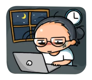 💻 夜晚, 工作, 笔记本电脑, 困, 累, 月亮, 窗户, 时钟 telegram sticker