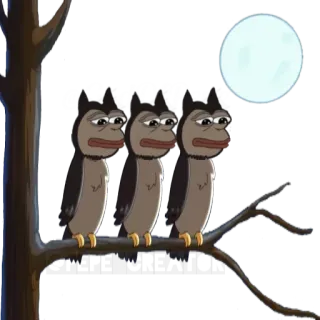 🐸 hiboux, oiseaux, mème, nuit, arbre, lune, faune, dessin animé telegram sticker