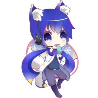 😸 Anime, Chibi, Nhân vật, Tóc Xanh, Dễ thương, Tai nghe, Kem, Mùa đông telegram sticker