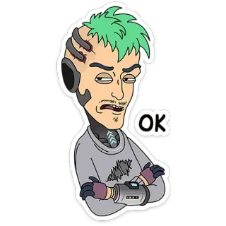 👌 OK Cartoon, Cyborg, Grüne Haare, Okay telegram sticker