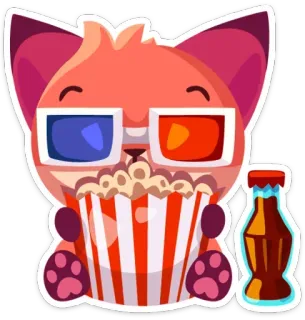 🎬 gatto, cartone animato, film, popcorn, bibita, occhiali 3D telegram sticker