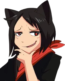 😏 Anime, Manga, orejas de gato, bufanda roja, sonriendo con sorna, dibujos animados, ilustración, pelo negro whatsapp sticker