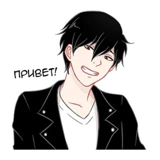 👋 ПРИВЕТ! cześć, powitanie, mężczyzna, styl anime, kreskówka, przyjazny whatsapp sticker
