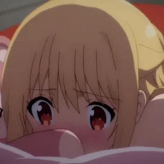 🌟 anime, girl, cute, lying, bed, blonde hair, red eyes telegram sticker