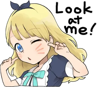 😽 Look at me! styl anime, dziewczyna, mrugająca, wskazująca, słodka, kawaii whatsapp sticker