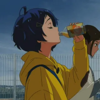 🌻 Anime, Mädchen, Trinken, Gelber Hoodie, Getränk, Charakter telegram sticker