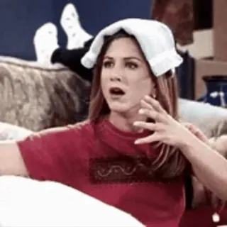 😕 Rachel Green Friends женщина, красная рубашка, головная боль, пакет со льдом, телешоу, ситком, в стрессе telegram sticker