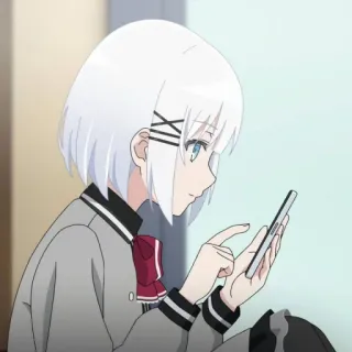 🍁 Anime, Garota, Cabelo branco, Uniforme cinza, Smartphone telegram sticker
