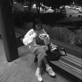 🥂 woman, eating, night, bench, streetwear, casual, outdoors whatsapp sticker