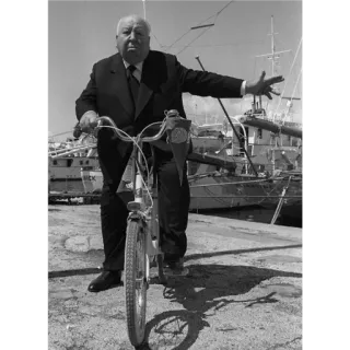 😏 Alfred Hitchcock อัลเฟรด ฮิตช์ค็อก, ผู้กำกับ, ขาวดำ, จักรยาน, ภาพเหมือน, ภาพยนตร์คลาสสิก whatsapp sticker