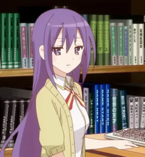 🌮 のこころ anime, girl, bookshelf, purple hair, kawaii telegram sticker